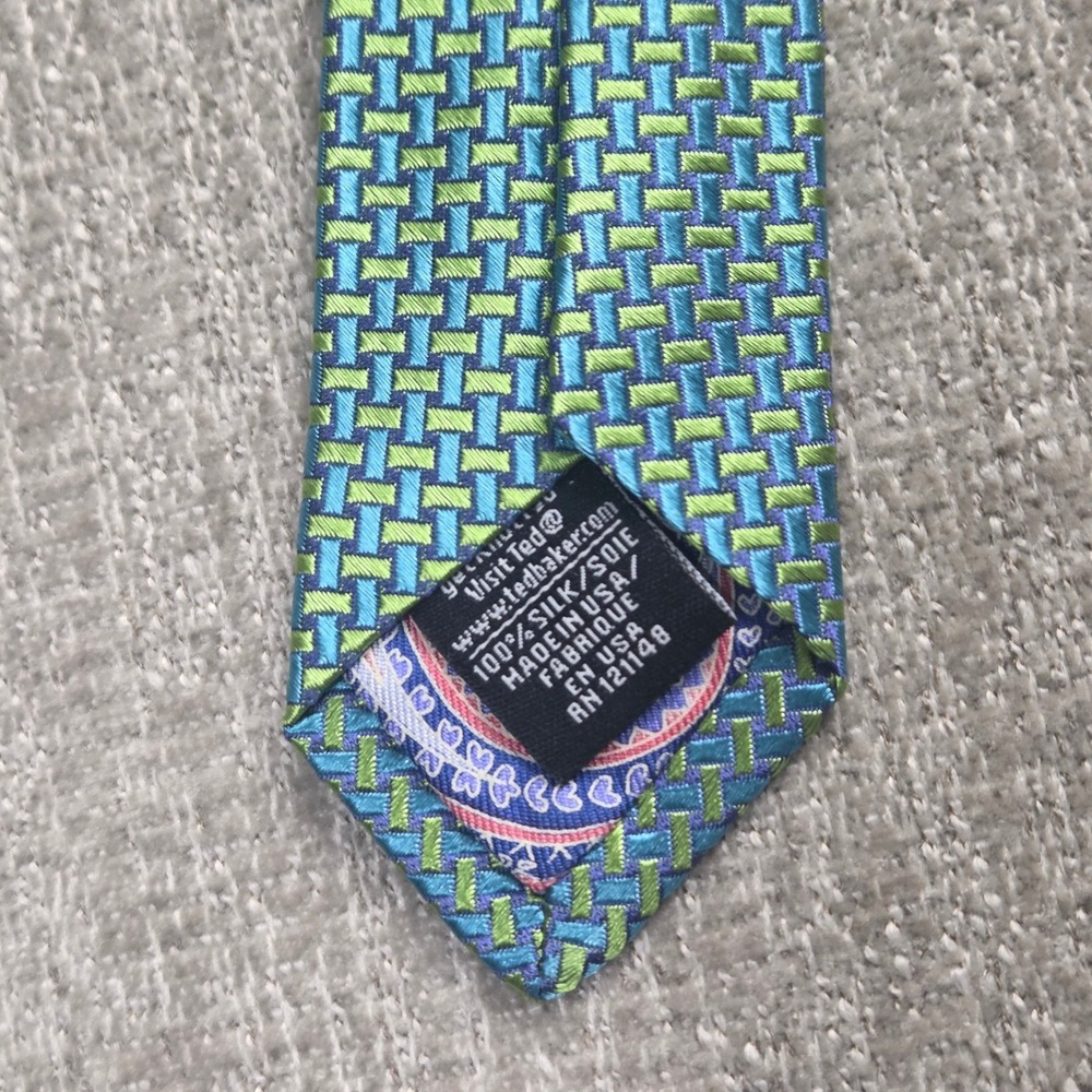 Ted Baker London Mens Silk Jacquard Tie Blue Green Geometric Basketweave Pattern - Picture 4 of 5